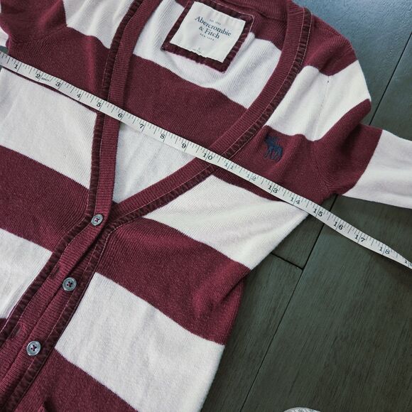 Vtg Y2K Abercrombie & Fitch Striped Knit Long Cardigan Maroon White Size Small - Picture 6 of 10